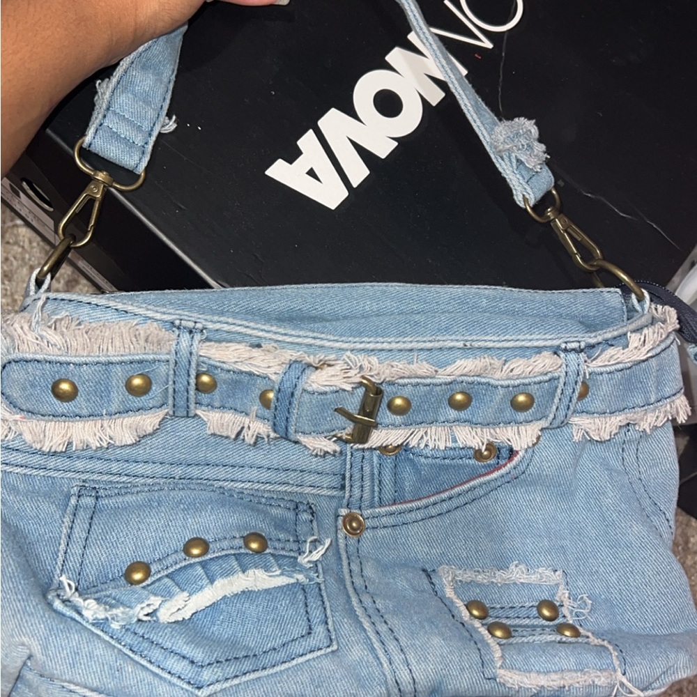 Fashion Nova Distressed Denim Bag with Brass Accents